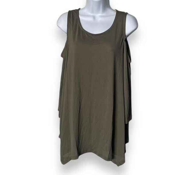 Tru Self Top Women's Sz L Olive Green Cold Shoulder Asymmetric Hem Shirt - Picture 1 of 14